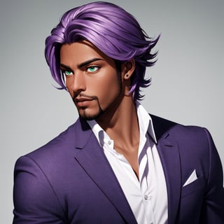 solo, 1boy, male focus,  dark skinned male, dark skin, light purple hair,  green eyes, stubble, goatee, lips, shirt, open_blazer, hyur, specular highlights, gradient, dynamic pose,