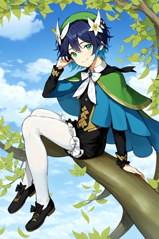 1boy, male focus, solo, hat, braid, green headwear, multicolored hair, gradient hair, butterfly, pantyhose, long sleeves, outdoors, bug, blue hair, black hair, leaf, bangs, bow, twin braids, cape, green eyes, frilled sleeves, shorts, beret, sitting, sky, day, green shorts, tree, smile, flower, shirt, cloud, white shirt, green cape, white flower, frills, short hair with long locks, white pantyhose, collared cape, corset, closed mouth, side braids, argyle, cloudy sky, jewelry, in tree, argyle legwear, collared shirt, vision \(genshin impact\), sidelocks, looking at viewer, sitting in tree, blue sky, androgynous, gem