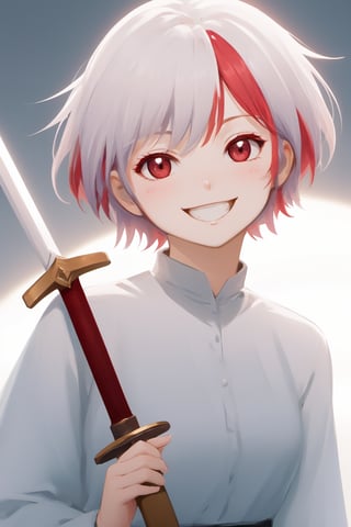 Yashahime Style 1girl, solo, smile, short hair, open mouth, red eyes, weapon, white hair, red hair, multicolored hair, sword, two-tone hair, streaked hair,