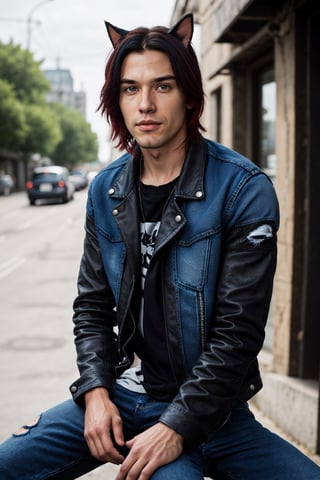 Chris_Xvoor, 1boy, male focus, solo, looking at viewer,, blue eyes, black hair, animal ears, sitting, jacket, red hair, outdoors, day, pants, cat ears, blurry, black jacket, torn clothes, blurry background, denim, jeans, leather, torn pants, leather jacket, torn jeans, denim jacket, upper body, specular highlights, detailed face, detailed eyes, detailed hair, textured hair, rim lighting, extreme light and shadow, masterpiece, official art, portrait