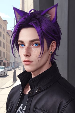 Maverick Ellis Rowe, 1boy, male focus, solo, looking at viewer, short hair, blue eyes, black hair, animal ears, jacket, purple hair, parted lips, cat ears, lips, colored sclera, freckles, realistic, nose