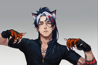 1boy, male focus, long hair, fluffy hair,   navy blue hair, cat ears, animal ears, animal ear fluff, gold eyes, leather jacket, tshirt, portrait, upper body, body tattoos,clawed gloves, clean shaven