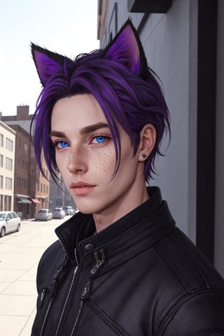 Maverick Ellis Rowe, 1boy, male focus, solo, looking at viewer, short hair, blue eyes, black hair, animal ears, jacket, purple hair, parted lips, cat ears, lips, colored sclera, freckles, realistic, nose