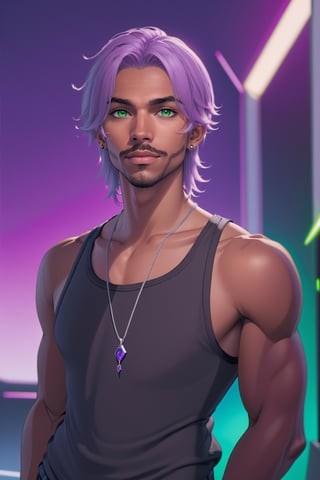 Aeron X'voor, solo, 1boy, male focus, green eyes, light purple hair, stubble, goatee, dark skinned male, dark skin, lips, shirt, tank top, hyur, specular highlights, gradient, dynamic pose,