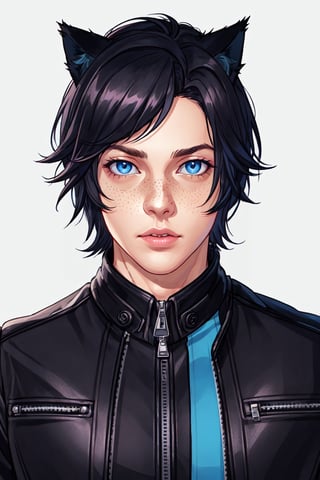 Maverick Ellis Rowe, 1boy, male focus, solo, looking at viewer, short hair, blue eyes, simple background, black hair, animal ears, jacket, cat ears, lips, zipper, freckles, realistic, nose, leather