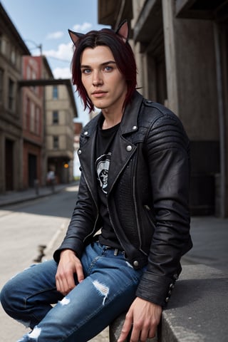 Chris_Xvoor, 1boy, male focus, solo, looking at viewer,, blue eyes, black hair, animal ears, sitting, jacket, red hair, outdoors, day, pants, cat ears, blurry, black jacket, torn clothes, blurry background, denim, jeans, leather, torn pants, leather jacket, torn jeans, denim jacket, upper body, specular highlights, detailed face, detailed eyes, detailed hair, textured hair, rim lighting, extreme light and shadow, masterpiece, official art, portrait