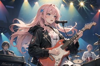 (masterpiece, best quality), 1girl, solo, pink hair, idol, cowboy_shot Musician, Musical attire, Composing music, Performing live, playing guitar, live concert stage, Collaborating with other musicians