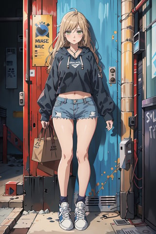 (masterpiece:1.1), (highest quality:1.1), (HDR:1.0), 1girl, perfect body, red cropped hoodie:0.5, cut off denim shorts:0.5, sneakers, attractive, stylish, tick gold chain necklace:0.5, designer, black, asymmetrical, graffiti, street art, ruanyi0220,SAM YANG, hmnc1, BJ_Violent_graffit, High detailed, full leg tattoos:1.5,nodf_lora