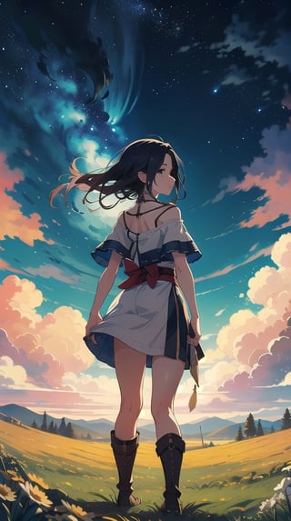 ((front view)), Extremely detailed really cute young woman standing in a field with a stunning sky over her with stars, earthy color palette, jrpg, cartoonish vector, volumetric lights, nature-evocative, enchanting, whimsical, detailed, emotionally evocative, fantastical, imaginative, visually rich, nostalgic, vivid, expansive, atmospheric, dynamic, ever-changing, awe-inspiring, painterly, dramatic, dreamlike, emotive, best quality (sky 60%) art by MSchiffer,