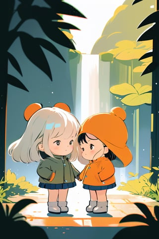 masterpiece, best quality, highres, 2_girls,high quality illustration, (2girl:1.6),BREAKLush Square, Lush Exploration,Premium Generosity,BREAKanalog film, grainy textures, warm tones, nostalgic atmosphere, organic imperfections, classic charm, timeless aesthetics , anime, Line Chibi orange