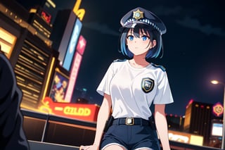 1girl, a girl as a female police, at night in the city of las vegas, Police hat, short sleeve plain white t-shirt with police badge, blue shorts, 8k, professionally color graded, depth of field, medium breasts, perfect porportion