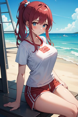 1girl, a girl as a lifeguard, sitting in the sun on a white lifeguard tower, plain white shirt, red shorts, 8k, professionally color graded, depth of field, big breasts