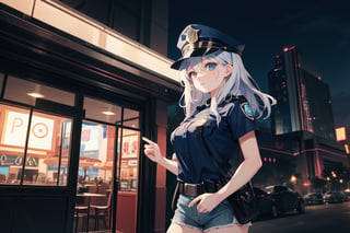 1girl, a girl as a female police, at night in the city of las vegas, Police hat, short sleeve plain white t-shirt with police badge, blue shorts, 8k, professionally color graded, depth of field, medium breasts, perfect porportion