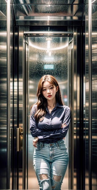 Realistic, young girl, (masterpiece 1.2), (ultra Max high quality 1.2), (high_resolution 4k), (high detailed face), child_and_mother, proportionate breasts, collarbone, huge thighs, kpop idol, natural pose, innocent, balanced, symmetrical, in an elevator, wearing formal apparel, white buttoned shirt, black jeans, purple tie