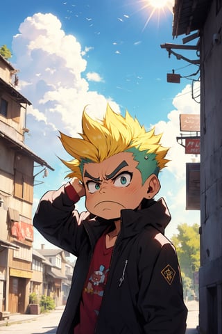 High quality, best quality, 1boy, Juniper hair, (Faux Hawk:1.3), Juniper eyes, (Grumpy:1.5) Juniper coat, (High Kicks:1.3), sun, sky, upper body,Chibi,Color Booster,(best quality, masterpiece)