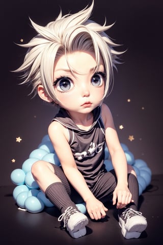 1boy, Jam hair, slick back, Jam eyes, scared, Jam jacket, sitting, upper body ,Chibi