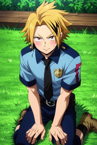 score_9, score_8_up, score_7_up, source_anime, (photorealistic:0.6), , , depth of field, 1boy, solo, male focus, , denki_kaminari, , , , , , blonde hair, (style of Neon Genesis), ((style of Pokemon)), Hazel Wood hair, Hazel Wood eyes, mad, Hazel Wood striped police uniform, sitting with hands on knees, grass, upper body, yellow eyes, multicolored hair, black hair, two-tone hair, streaked hair, short hair, spiked hair, blonde hair