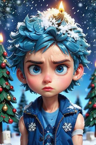 High quality, best quality, masterpiece, HD, detailed, high_res, 1boy, blue hair, (90s Two Block Hairstyle:1.3), blue eyes, (Downturned lips, looking sad:1.5), blue (sleeveless jacket:1.5), (Arms Up:1.3), snow, snowflakes, Christmas place, Christmas tree, (head shot:1.5), (candlelight:1.5),chibi emote style,3D,detailmaster2