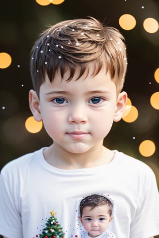 High quality, best quality, masterpiece, HD, detailed, high_res, 4k, 1boy, Berry hair, (Low Fade1.3), Berry eyes, (Shouldering, expressing helplessness:1.5), Berry (t-shirt:1.5), (standing:1.3), snow, snowflakes, Christmas place, Christmas tree, Christmas lights, (head shot:1.5), (shot on Canon EOS 5D:1.5),modelshoot style,Baby face,baby face