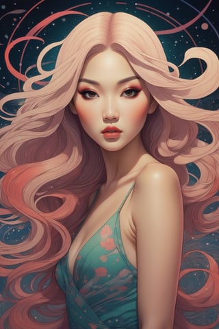 (Evil allure:1.8), Audrey Kawasaki-inspired, a captivating woman with sweepy long hair, surrounded by (vibrant particles:0.9) and motion lines, exuding an evil presence in this (colorful:1.2) and surreal poster art scene.