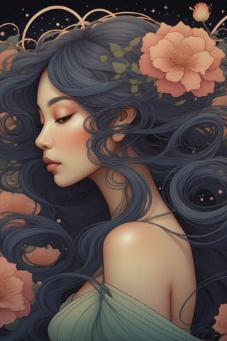 (Art Nouveau inspired:0.8) poster depiction in Audrey Kawasaki's style, a darkly enchanting woman with flowers entwined through her luscious locks, surrounded by a mesmerizing swirl of colorful particles and motion lines, emanating an air of (sinister beauty:1.3).