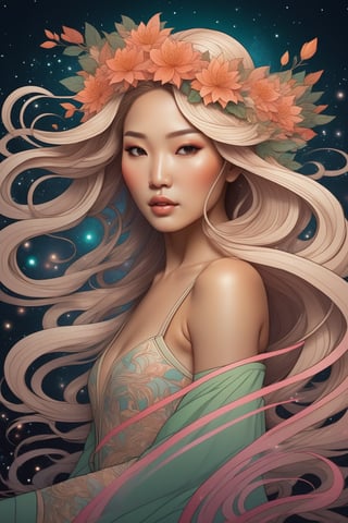 (Audrey Kawasaki:2) inspired, vibrant and ethereal poster-style illustration, a mysterious woman with intricate flower crowns adorning her long, flowing hair, surrounded by swirling particles of colorful light, exuding an air of (evil elegance:1.5), while dynamic motion lines add to the sense of movement and energy around her.