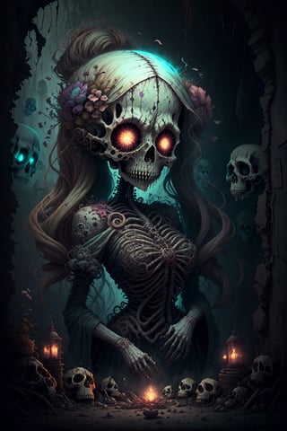 A stunning female figure with flowing locks composed entirely of vibrant flora sways gracefully through the ethereal atmosphere. Her radiant beauty illuminates her eerie surroundings; a nightmarish realm populated by ghastly skulls and decrepit structures fashioned from sand. The ghostly ambiance casts an ominous hue over this surreal scene, further accentuating the contrast between the serene beauty of the woman and the grotesque horrors that lurk in every dark corner, random00d, plastican00d