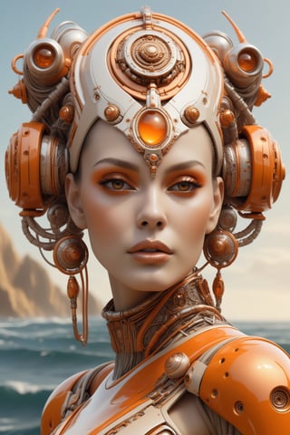 Sci-fi meets tradition, an exquisite woman possessing futuristic facial features amidst fantastical contraptions alongside traditional oceanic art elements - all brought together through algorithmic artistry using an orange and beige color scheme as seen in Alexander Fedosov's works.