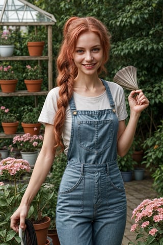 A ravishing girl with soft, pastel eyeshadow and a glossy pink lip, extremely skinny (anorexia), with long, wavy red hair tied back in a messy ponytail. She is wearing a casual, green gardener's apron over a white t-shirt and jeans, holding a small potted plant in one hand and a gardening tool in the other. She stands in a relaxed pose, smiling warmly. The background is a lush, vibrant garden with blooming flowers, green foliage, and a quaint greenhouse in the distance.