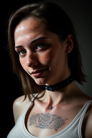 photo, rule of thirds, dramatic lighting, medium hair, detailed face, detailed nose, woman wearing tank top, freckles, collar or choker, smirk, tattoo, intricate background ,realism,realistic,raw,analog,woman,portrait,photorealistic,analog,realism