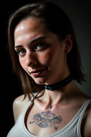 photo, rule of thirds, dramatic lighting, medium hair, detailed face, detailed nose, woman wearing tank top, freckles, collar or choker, smirk, tattoo, intricate background ,realism,realistic,raw,analog,woman,portrait,photorealistic,analog,realism