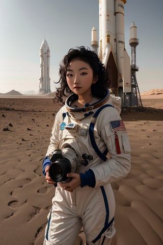 A stunning intricate full color portrait of a 20 year old beautiful asian woman,wearing astronaut outfit, space rocket in the background, looking at view, epic character composition,on mars, sand strome, focus on women,sharp focus, natural lighting, subsurface scattering, f2, 35mm, film grain , (curly hair) 