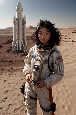 A stunning intricate full color portrait of a 20 year old beautiful asian woman,wearing astronaut outfit, space rocket in the background, looking at view, epic character composition,on mars, sand strome, focus on women,sharp focus, natural lighting, subsurface scattering, f2, 35mm, film grain , (curly hair) 