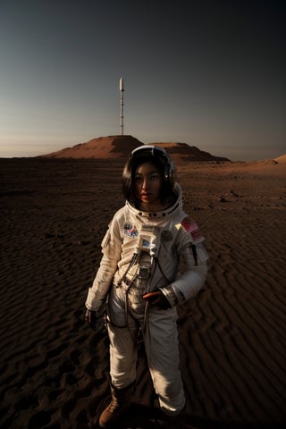 A stunning intricate full color portrait of a 20 year old beautiful asian woman,wearing astronaut outfit, space rocket in the background, looking at view, epic character composition,on mars, sand strome, focus on women,sharp focus, dark lighting, subsurface scattering, f2, 35mm, film grain , (short hair) 