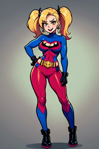 Harley Quinn, 1GIRL, golden_eyes, blonde_hair, pigtail_hair, standing, superhero_outfit, looking_at_viewer, hands on waist, full_body, sexy, beautiful, perfect, attractive