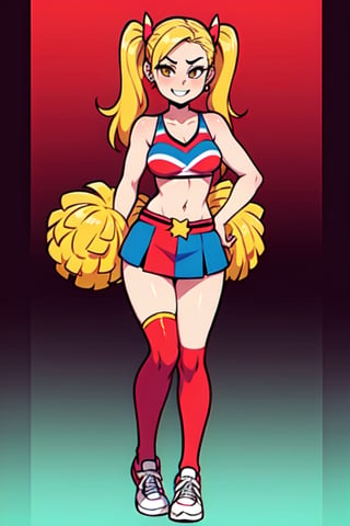 Harley Quinn, 1GIRL, golden_eyes, blonde_hair, pigtail_hair, standing, cheerleader_outfit, looking_at_viewer, hands on waist, full_body, sexy, beautiful, perfect, attractive