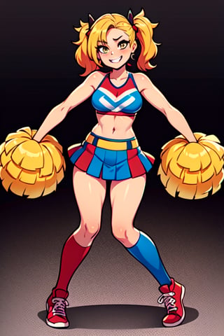 Harley Quinn, 1GIRL, golden_eyes, blonde_hair, pigtail_hair, standing, cheerleader_outfit, looking_at_viewer, hands on waist, full_body, sexy, beautiful, perfect, attractive