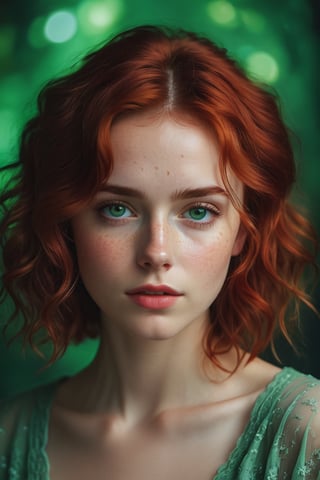 raw realistic potarait of beautiful girlA short, petite frame. Hair so red and wavy falling just past her shoulders, surrounding a circular face with softness, light freckles on her nose, naturally arched red eyebrows over bright green eyes that looked almost blue in some lights., indoor background grainy cinematic, godlyphoto r3al,detailmaster2,aesthetic portrait, cinematic colors, earthy , moody, look , grainy cinematic, fantasy vibes godlyphoto r3al,detailmaster2,aesthetic portrait, cinematic colors, earthy 