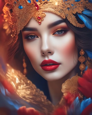 color photo of a mesmerizing close-up of a woman adorned with vibrant red lipstick, a digital artwork that is currently trending on ArtStation. This captivating piece of art is created with meticulous attention to detail, showcasing the artist's skill in capturing the beauty and essence of the subject. The illustration is rendered in a blurred and dreamy style, reminiscent of an airbrush technique, adding an ethereal quality to the portrait. The woman's face is depicted with intricate details, highlighting her unique features and radiating beauty. This stunning artwork serves as a testament to the artist's talent in creating a truly captivating and mesmerizing portrayal of a beautiful woman. Every brushstroke and color choice in this illustration contributes to its overall allure, immersing viewers in a world of beauty and admiration.