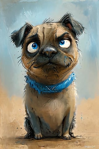 a painting of a grumpy pug with blue eyes, a digital painting by Igor Kufayev, deviantart, furry art, adorable digital painting, angry pug, beautiful grumpy pug,potma style,gloomy