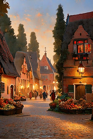 color photo of a captivating medieval Dutch village, reminiscent of the landscapes immortalized by the three most famous Dutch painters. This enchanting scene transports viewers back in time, immersing them in the rich history and artistic heritage of the Netherlands. The village exudes a sense of old-world charm, with its cobblestone streets, half-timbered houses, and towering church spires. The color palette chosen for the photo reflects the earthy tones and muted hues commonly found in Dutch paintings of the era, evoking a sense of nostalgia and timelessness. As one explores the village, the influence of the three most famous Dutch painters becomes evident. Johannes Vermeer's attention to detail is reflected in the meticulously crafted facades and intricate architectural elements, while Rembrandt's mastery of light and shadow can be seen in the dramatic play of sunlight on the village's ancient walls. Finally, Pieter Bruegel the Elder's skill in capturing the essence of rural life is showcased in the bustling market square and the lively scenes of villagers going about their daily activities. This captivating photo invites viewers to step into the past and appreciate the artistic legacy of these renowned painters, allowing them to experience the beauty and charm of a medieval Dutch village through the eyes of these masters. Whether admired for its historical accuracy, its ability to evoke a sense of nostalgia and cultural pride, or its representation of a bygone era, this enchanting photo stands as a testament to the enduring impact of these three iconic Dutch painters