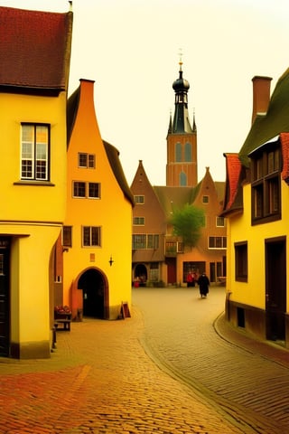 color photo of a captivating medieval Dutch village, reminiscent of the landscapes immortalized by the three most famous Dutch painters. This enchanting scene transports viewers back in time, immersing them in the rich history and artistic heritage of the Netherlands. The village exudes a sense of old-world charm, with its cobblestone streets, half-timbered houses, and towering church spires. The color palette chosen for the photo reflects the earthy tones and muted hues commonly found in Dutch paintings of the era, evoking a sense of nostalgia and timelessness. As one explores the village, the influence of the three most famous Dutch painters becomes evident. Johannes Vermeer's attention to detail is reflected in the meticulously crafted facades and intricate architectural elements, while Rembrandt's mastery of light and shadow can be seen in the dramatic play of sunlight on the village's ancient walls. Finally, Pieter Bruegel the Elder's skill in capturing the essence of rural life is showcased in the bustling market square and the lively scenes of villagers going about their daily activities. This captivating photo invites viewers to step into the past and appreciate the artistic legacy of these renowned painters, allowing them to experience the beauty and charm of a medieval Dutch village through the eyes of these masters. Whether admired for its historical accuracy, its ability to evoke a sense of nostalgia and cultural pride, or its representation of a bygone era, this enchanting photo stands as a testament to the enduring impact of these three iconic Dutch painters