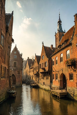 color photo of a captivating medieval Dutch village, reminiscent of the landscapes immortalized by the three most famous Dutch painters. This enchanting scene transports viewers back in time, immersing them in the rich history and artistic heritage of the Netherlands. The village exudes a sense of old-world charm, with its cobblestone streets, half-timbered houses, and towering church spires. The color palette chosen for the photo reflects the earthy tones and muted hues commonly found in Dutch paintings of the era, evoking a sense of nostalgia and timelessness. As one explores the village, the influence of the three most famous Dutch painters becomes evident. Johannes Vermeer's attention to detail is reflected in the meticulously crafted facades and intricate architectural elements, while Rembrandt's mastery of light and shadow can be seen in the dramatic play of sunlight on the village's ancient walls. Finally, Pieter Bruegel the Elder's skill in capturing the essence of rural life is showcased in the bustling market square and the lively scenes of villagers going about their daily activities. This captivating photo invites viewers to step into the past and appreciate the artistic legacy of these renowned painters, allowing them to experience the beauty and charm of a medieval Dutch village through the eyes of these masters. Whether admired for its historical accuracy, its ability to evoke a sense of nostalgia and cultural pride, or its representation of a bygone era, this enchanting photo stands as a testament to the enduring impact of these three iconic Dutch painters