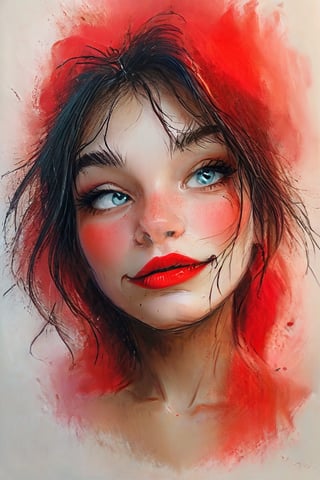 color photo of a mesmerizing close-up of a woman adorned with vibrant red lipstick, a digital artwork that is currently trending on ArtStation. This captivating piece of art is created with meticulous attention to detail, showcasing the artist's skill in capturing the beauty and essence of the subject. The illustration is rendered in a blurred and dreamy style, reminiscent of an airbrush technique, adding an ethereal quality to the portrait. The woman's face is depicted with intricate details, highlighting her unique features and radiating beauty. This stunning artwork serves as a testament to the artist's talent in creating a truly captivating and mesmerizing portrayal of a beautiful woman. Every brushstroke and color choice in this illustration contributes to its overall allure, immersing viewers in a world of beauty and admiration.