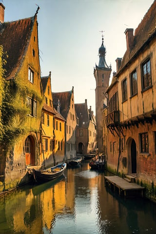 color photo of a captivating medieval Dutch village, reminiscent of the landscapes immortalized by the three most famous Dutch painters. This enchanting scene transports viewers back in time, immersing them in the rich history and artistic heritage of the Netherlands. The village exudes a sense of old-world charm, with its cobblestone streets, half-timbered houses, and towering church spires. The color palette chosen for the photo reflects the earthy tones and muted hues commonly found in Dutch paintings of the era, evoking a sense of nostalgia and timelessness. As one explores the village, the influence of the three most famous Dutch painters becomes evident. Johannes Vermeer's attention to detail is reflected in the meticulously crafted facades and intricate architectural elements, while Rembrandt's mastery of light and shadow can be seen in the dramatic play of sunlight on the village's ancient walls. Finally, Pieter Bruegel the Elder's skill in capturing the essence of rural life is showcased in the bustling market square and the lively scenes of villagers going about their daily activities. This captivating photo invites viewers to step into the past and appreciate the artistic legacy of these renowned painters, allowing them to experience the beauty and charm of a medieval Dutch village through the eyes of these masters. Whether admired for its historical accuracy, its ability to evoke a sense of nostalgia and cultural pride, or its representation of a bygone era, this enchanting photo stands as a testament to the enduring impact of these three iconic Dutch painters