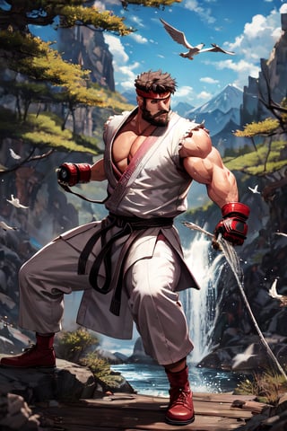 sfr1v, facial portrait, sexy stare, smirked, heavy beard, full body, fighting stance, mountains, birds, trees, waterfall, 