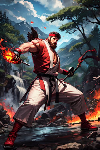 sfr1v, facial portrait, sexy stare, heavy beard, full body, fighting stance, mountains, birds, trees, waterfall, throwing fire ball, screaming 