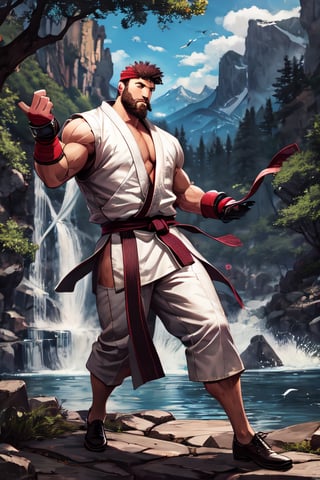 sfr1v, facial portrait, sexy stare, smirked, heavy beard, full body, fighting stance, mountains, birds, trees, waterfall, 