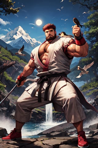 sfr1v, facial portrait, sexy stare, smirked, heavy beard, full body, fighting stance, mountains, birds, trees, waterfall, 