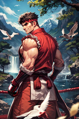 sfr1v, facial portrait, sexy stare, smirked, fighting stance, mountains, birds, trees, waterfall, hodoken, from behind 